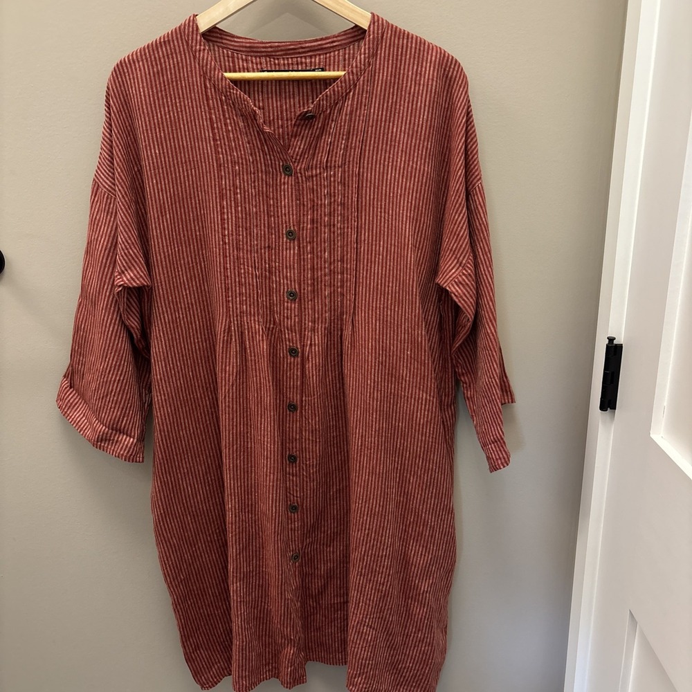 Gundrun Sjoden Small Burgundy Stripe Linen Shirt Dress
